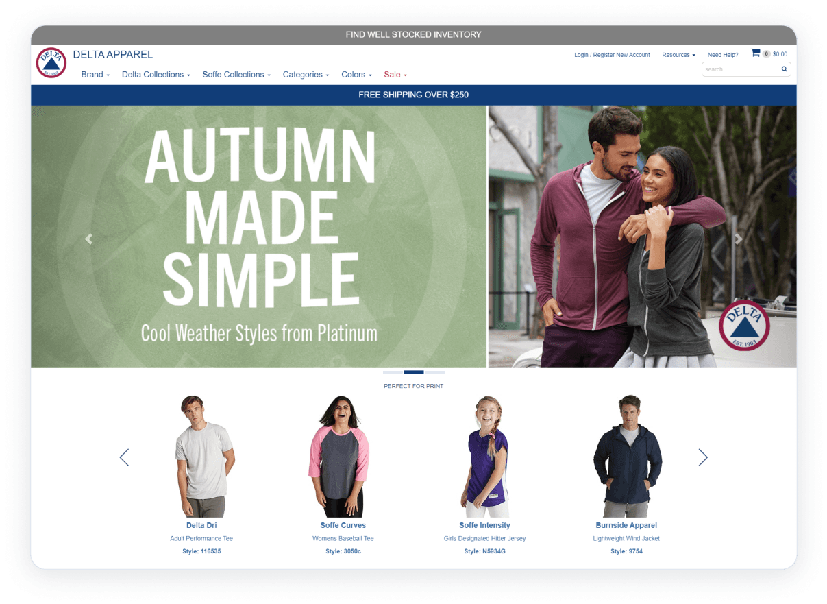 Screenshot of the Delta Apparel website