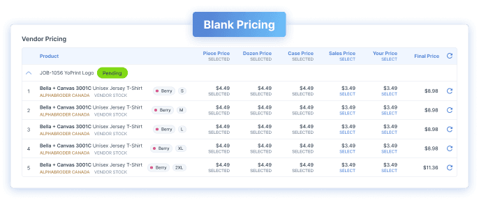 Screenshot of an Application showing the product pricings