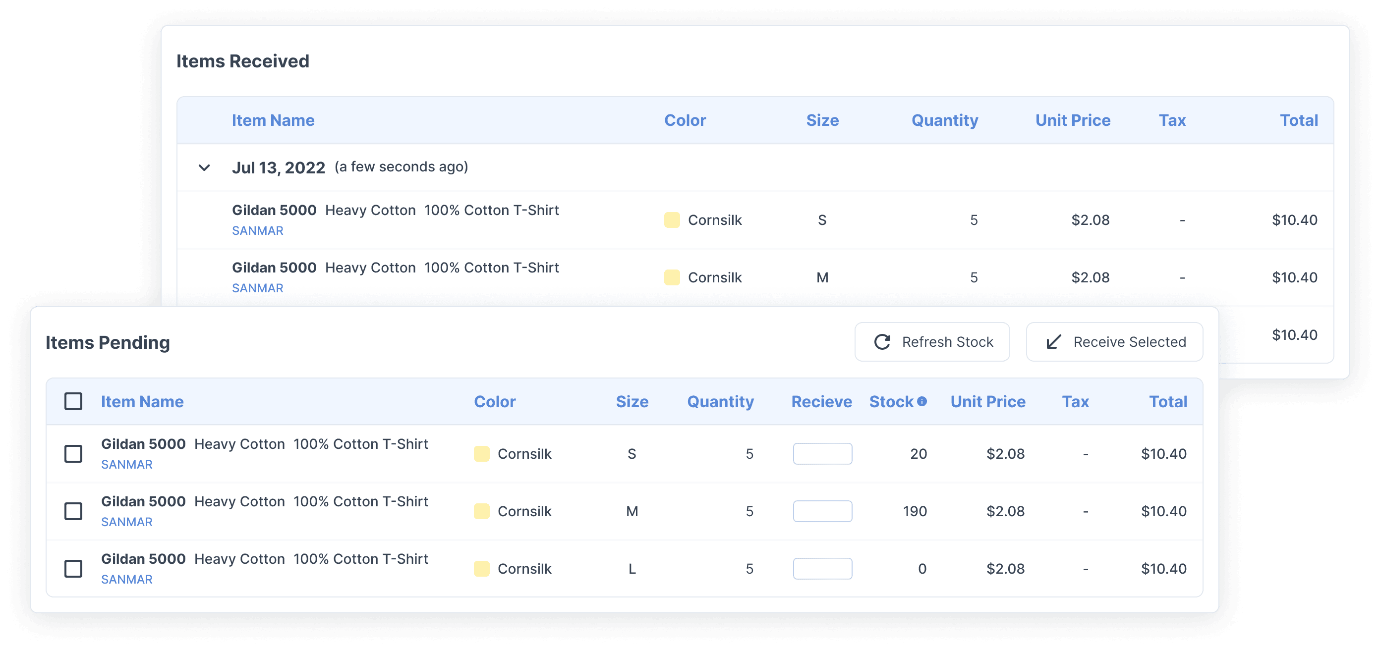 A Page Showing a list of pending and received items