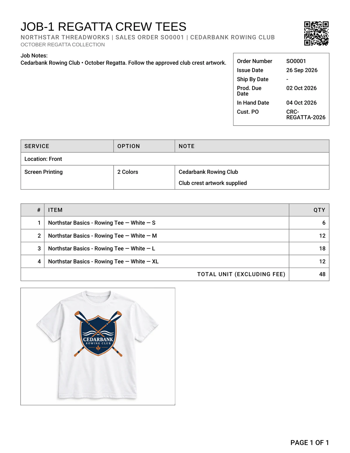 A YoPrint job sheet with its QR code, clipped over the order's purchase order and packing slip