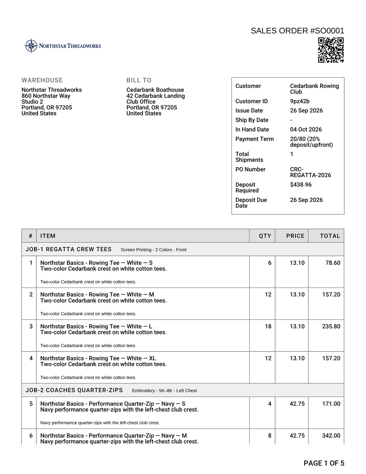 A YoPrint sales order for Cedarbank Rowing Club with its QR code at the top right