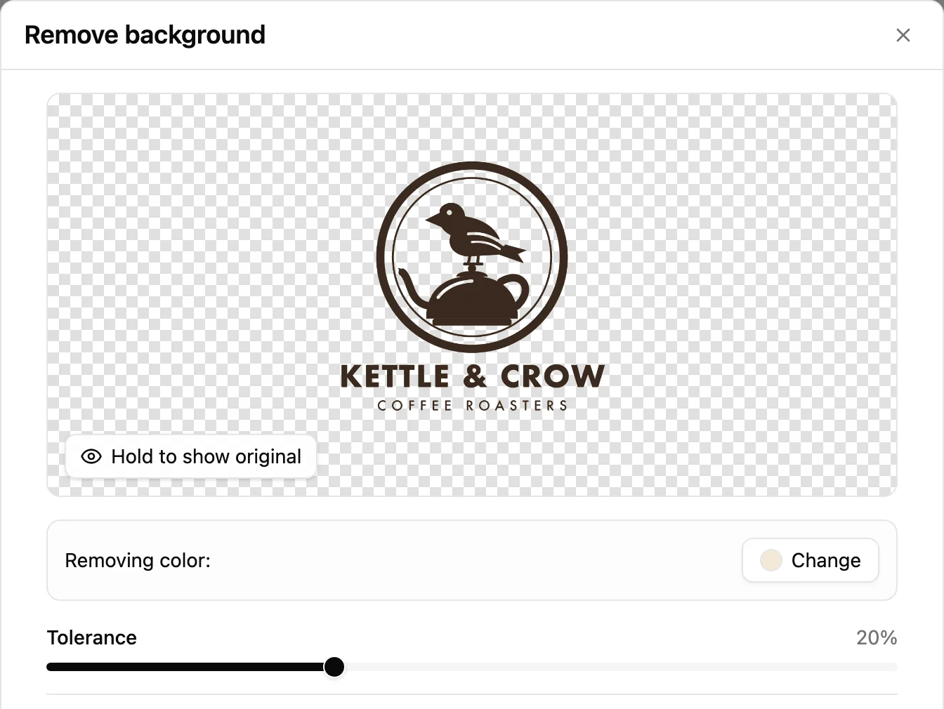 The Remove background dialog previewing the customer’s logo with its paper colour removed, over a transparent checkerboard, with the Tolerance slider.