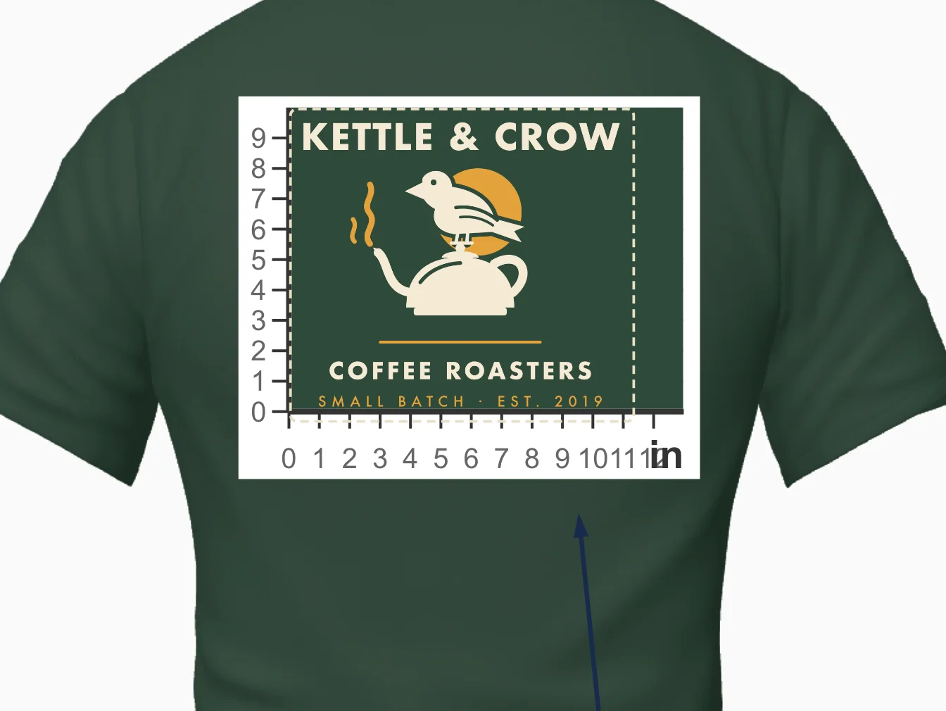 The back of the tee on the same proof, zoomed in with the Measure overlay toggled on: the back print inside an inch grid, 0 to 11 across and 0 to 9 up.