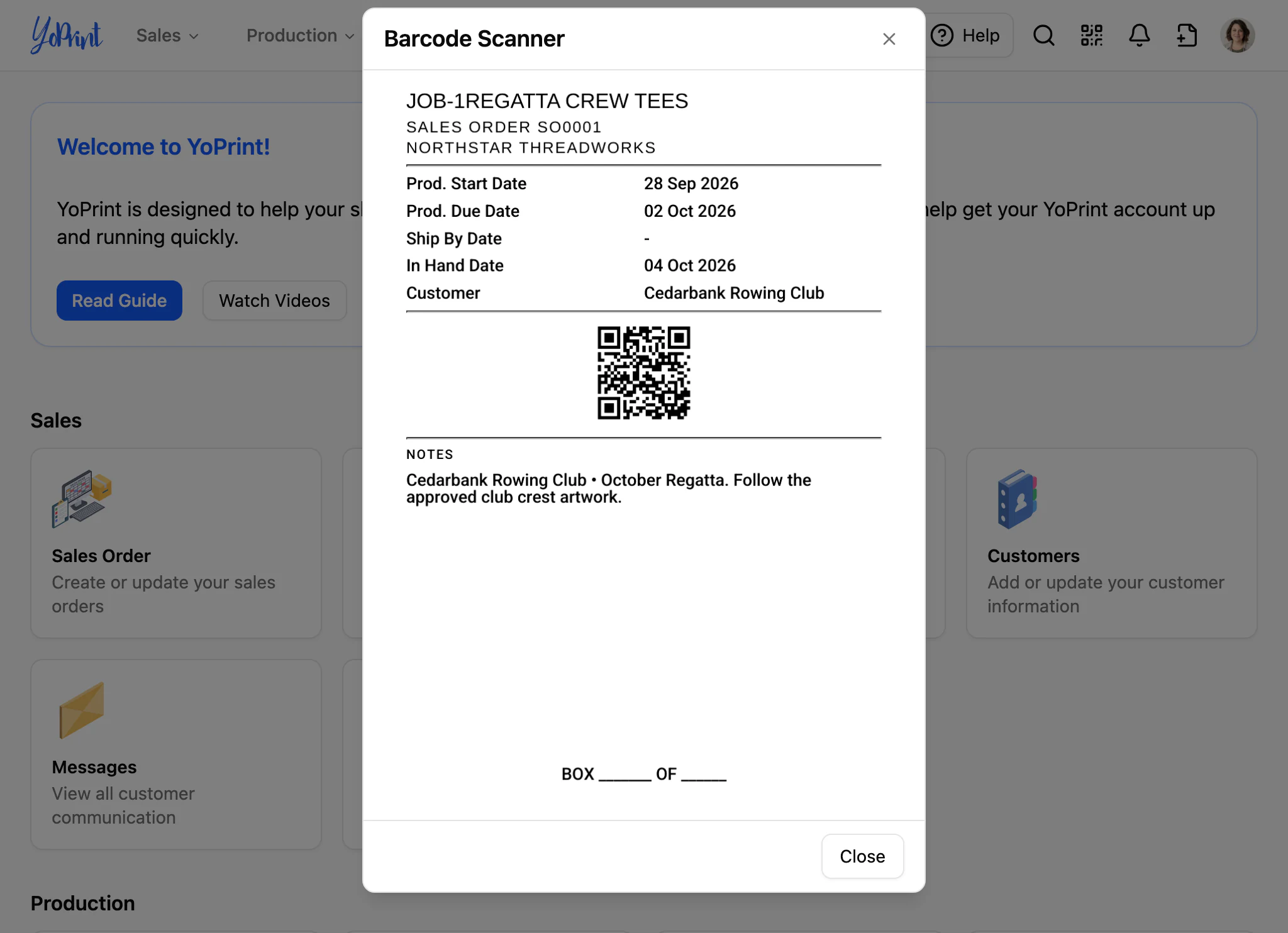 YoPrint’s Barcode Scanner dialog showing the job label for JOB-1, Regatta Crew Tees, with its QR code