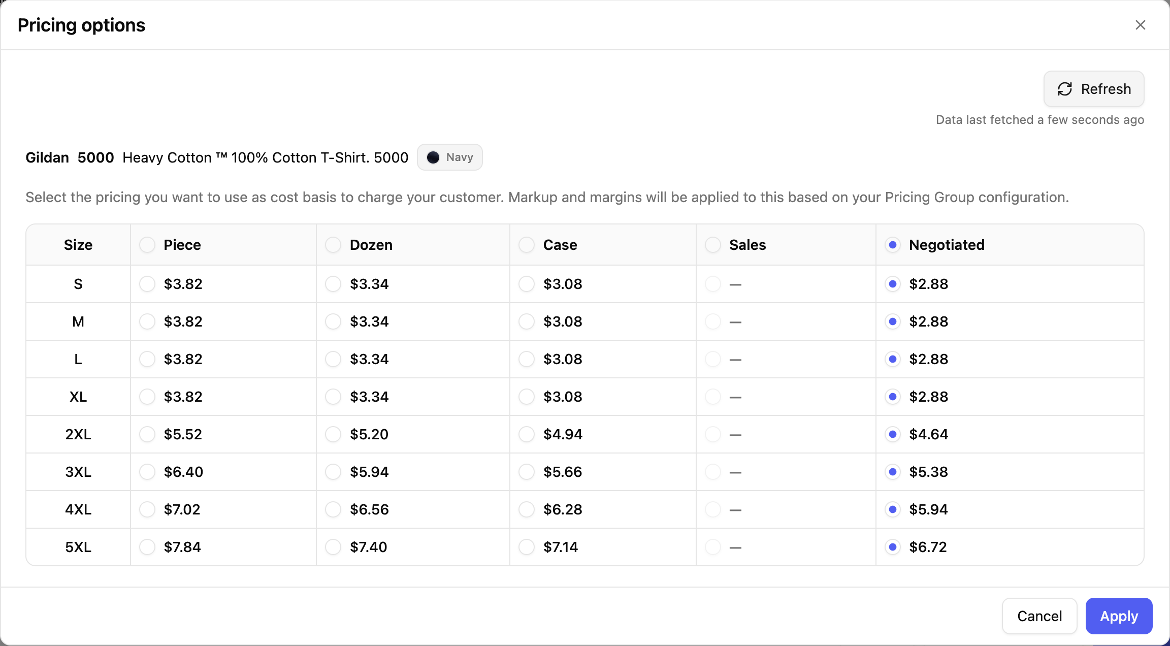 Pricing options for a Gildan 5000: piece, dozen and case prices by size, with the negotiated account price selected