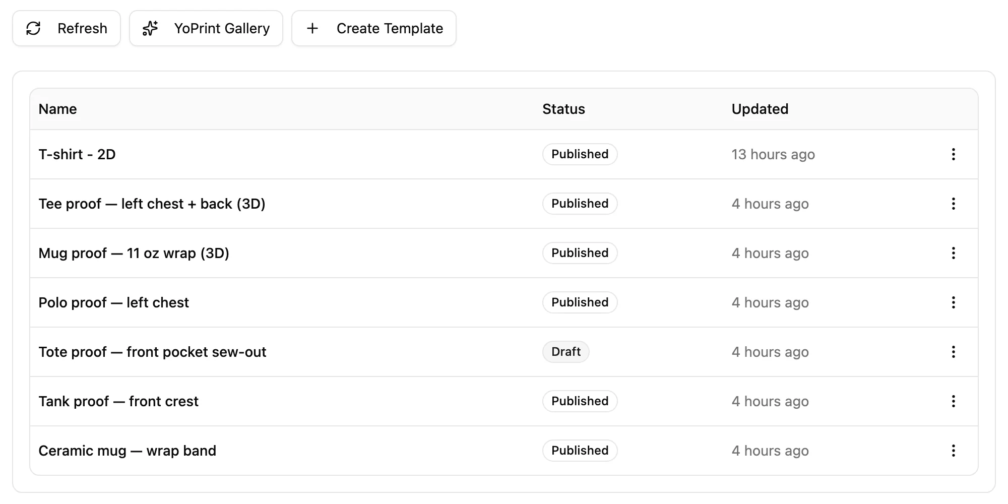 Settings, Mockup Templates: the shop’s saved proof templates, published and draft.