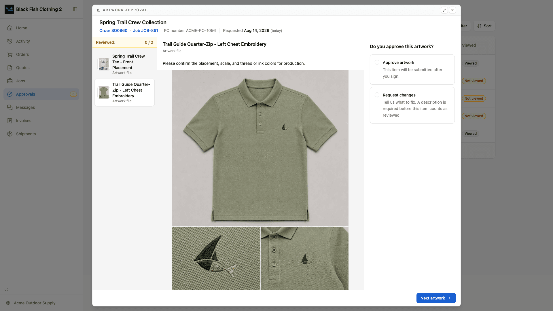 Artwork approval in light mode with the second item open after moving through the review list.