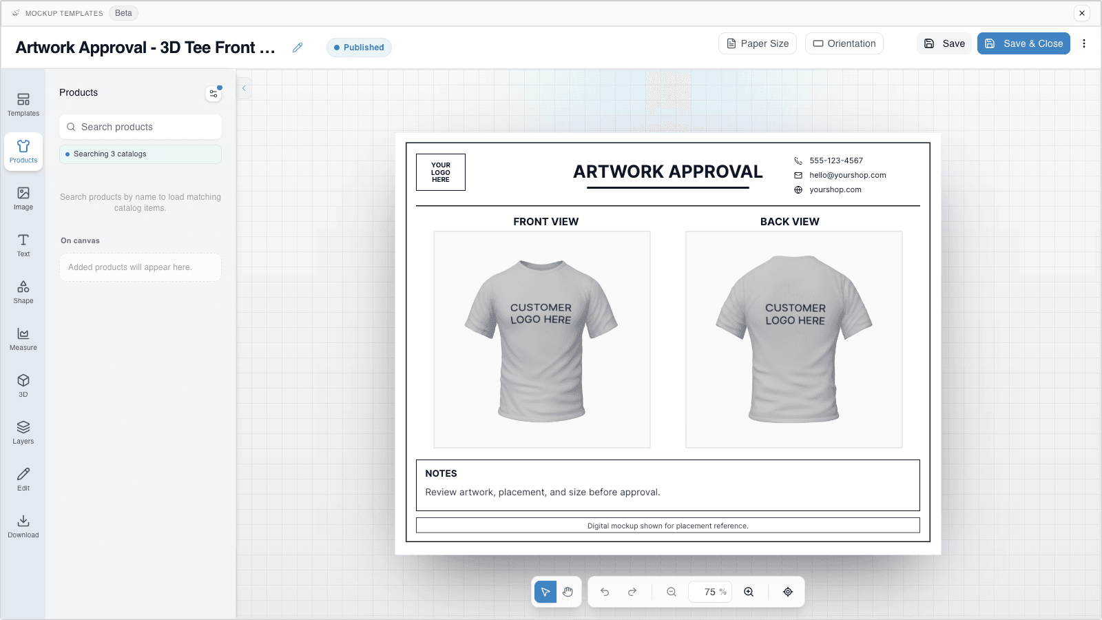 YoPrint Mockup Creator editor showing product search, canvas controls, and a front-and-back T-shirt approval mockup.