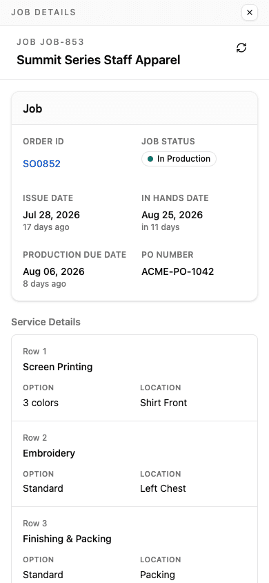 Mobile job details in light mode with schedule, service, and production information.