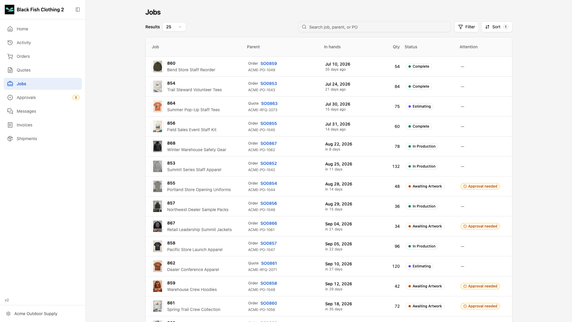 Jobs collection in light mode with parent records, dates, quantities, statuses, and attention indicators.