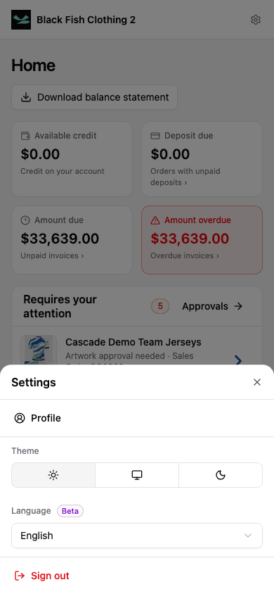Mobile Settings sheet in light mode with profile and theme controls.