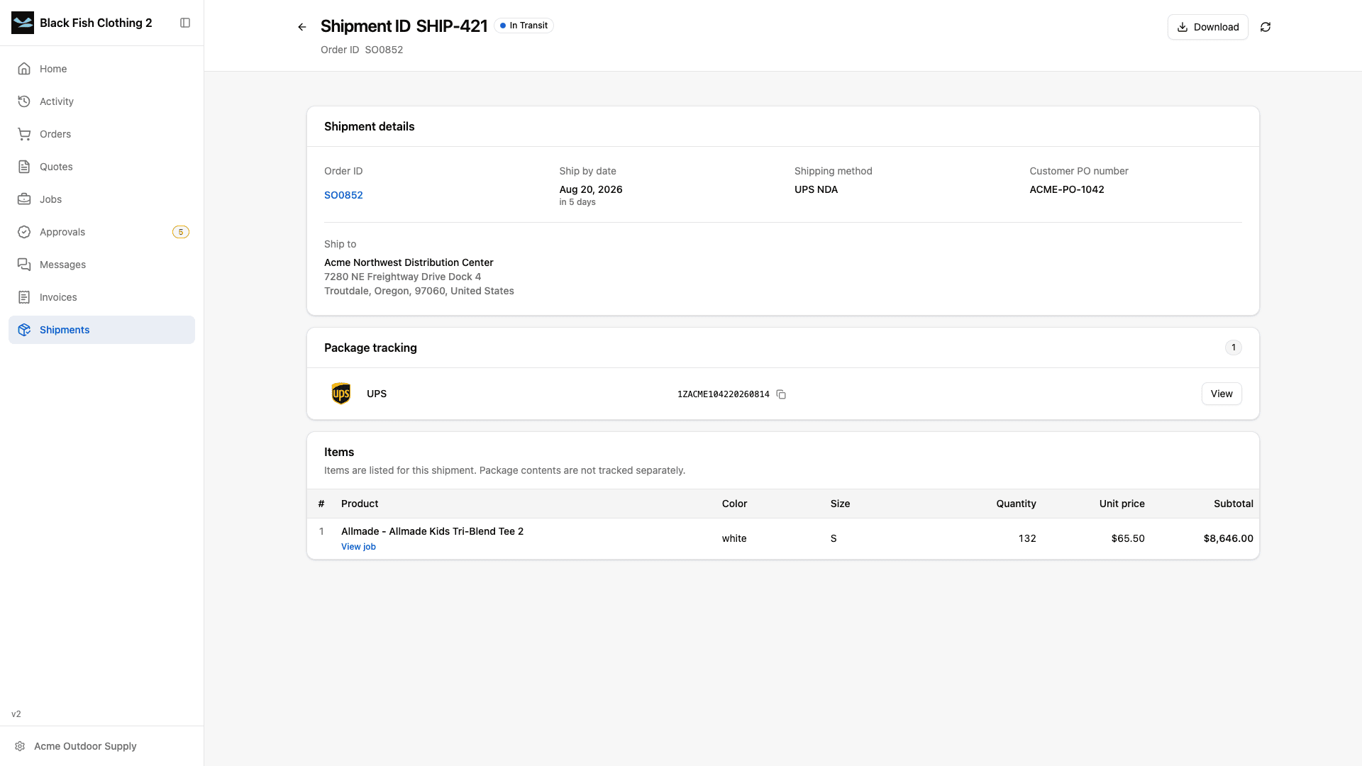 Shipment detail in light mode with delivery information, package tracking, and shipped items.