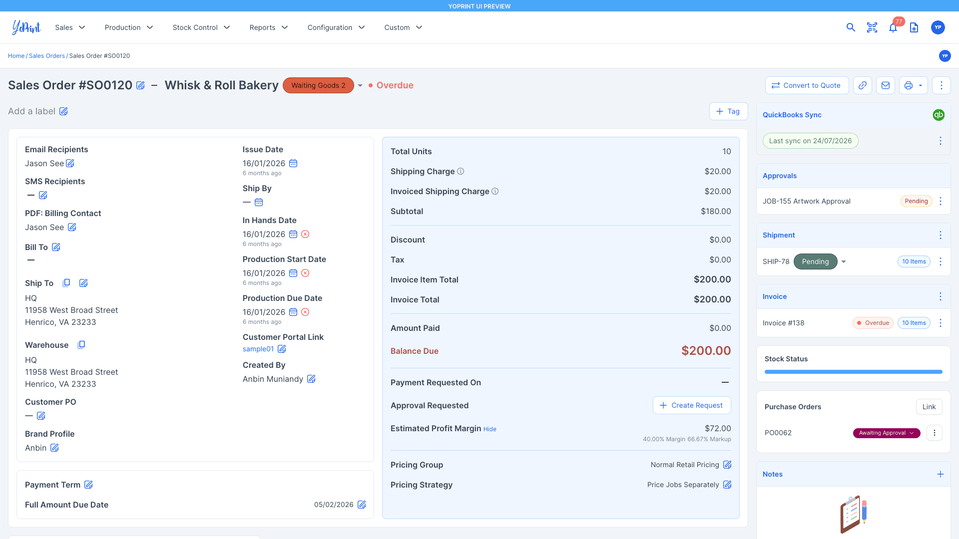 The previous light-mode sales-order detail page, using larger panels and more vertical space.