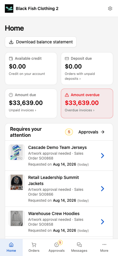 Mobile Customer Portal Home with balances, attention items, and bottom navigation.