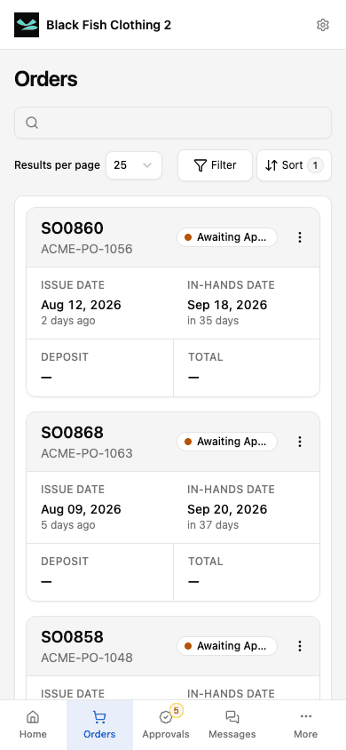 Mobile Orders collection in light mode with search, filters, sorting, and order cards.